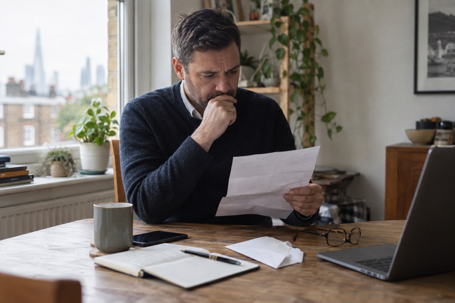 Business owner reading an official letter at a kitchen table in London